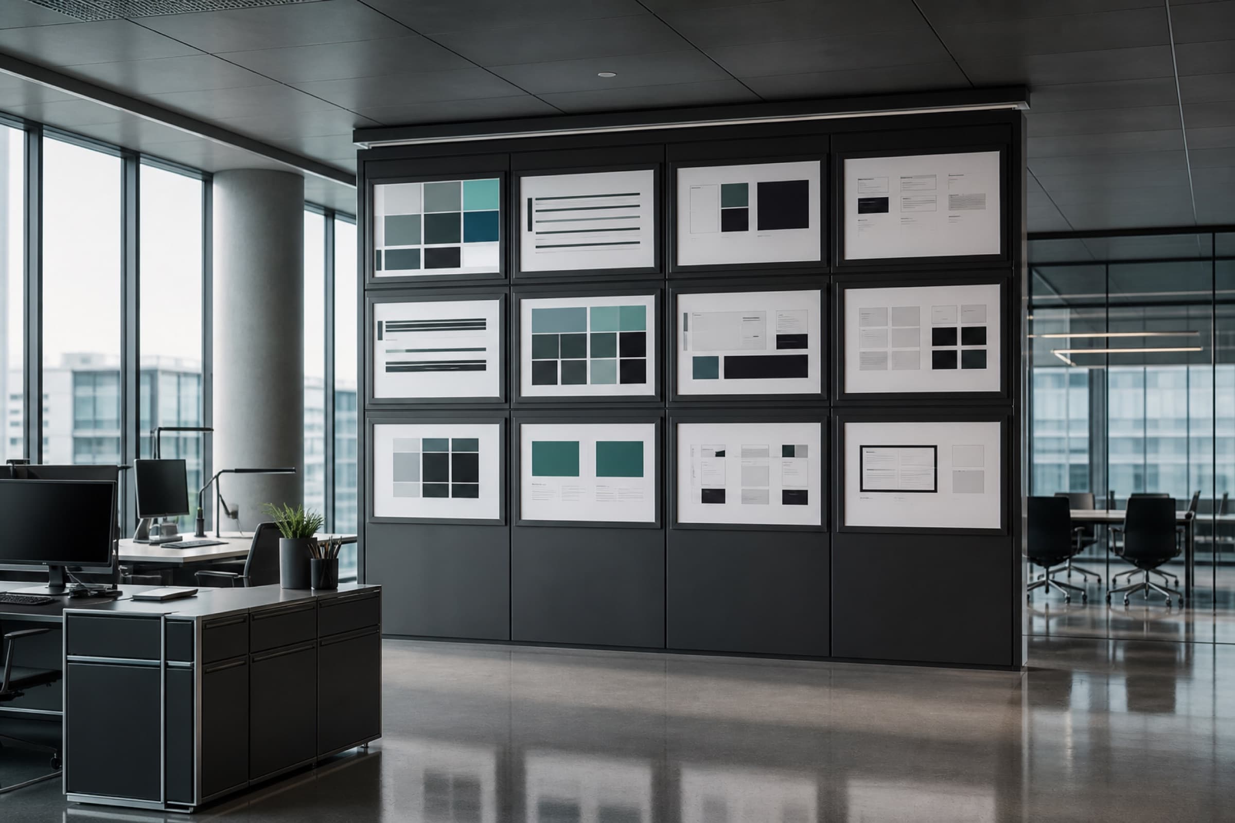 Modular brand boards in a modern corporate office grid